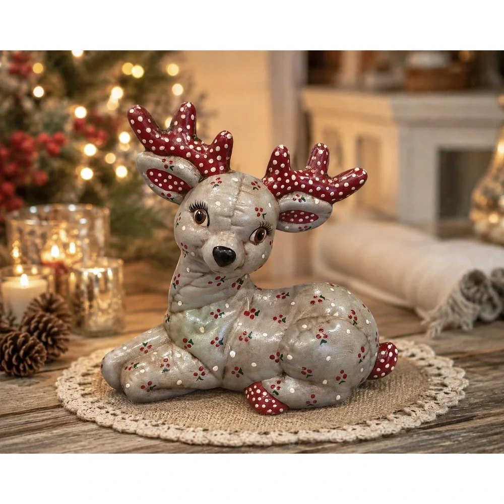 Hand Painted Christmas Reindeer Deer Ceramic Planter Cachepot Folk Art 8